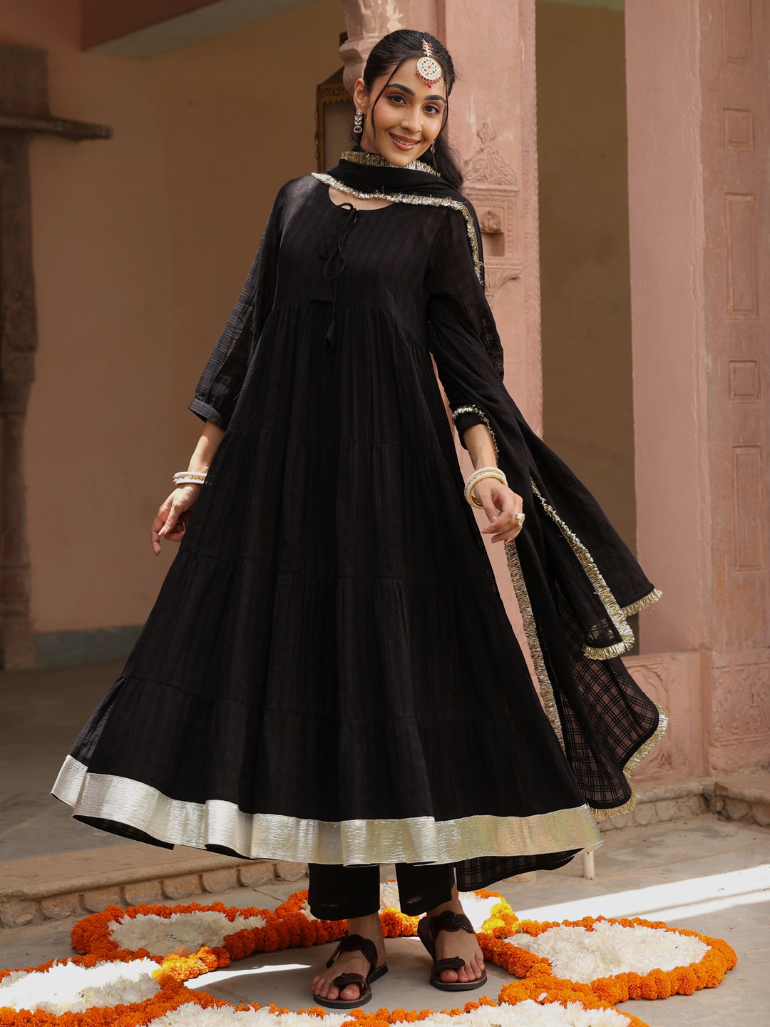 Women's Black Woven Cotton Tiered Kurta Set With Dupatta