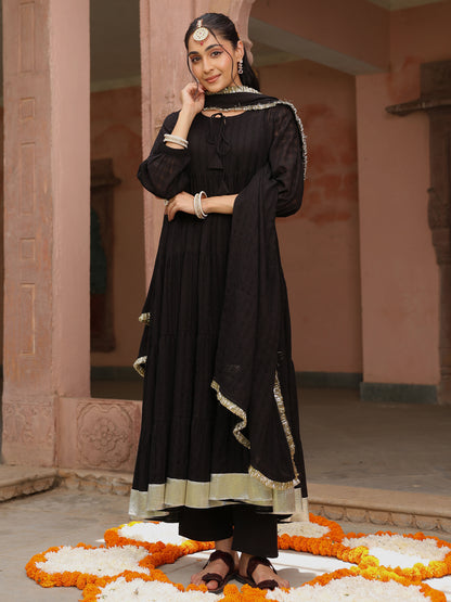 Women's Black Woven Cotton Tiered Kurta Set With Dupatta