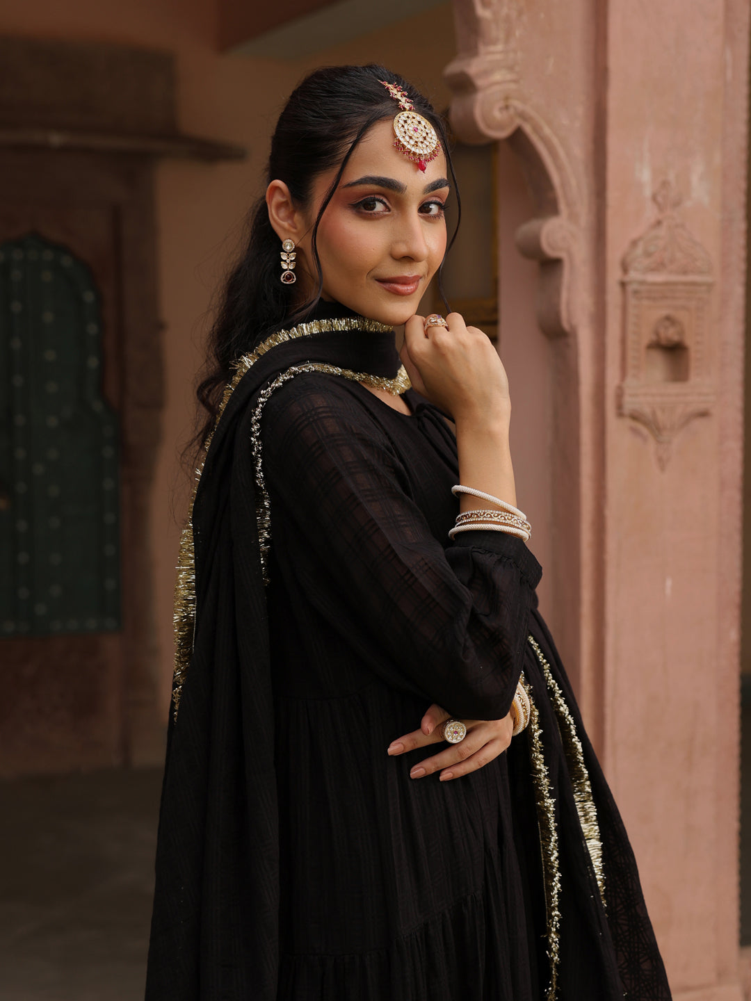 Women's Black Woven Cotton Tiered Kurta Set With Dupatta
