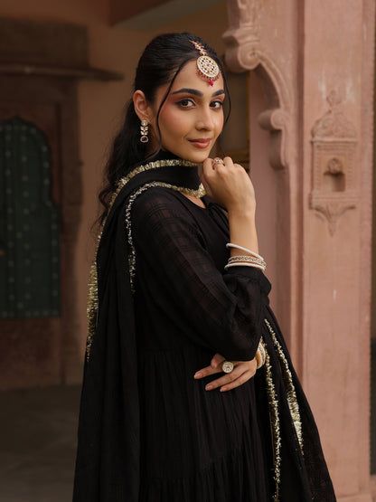 Women's Black Woven Cotton Tiered Kurta Set With Dupatta
