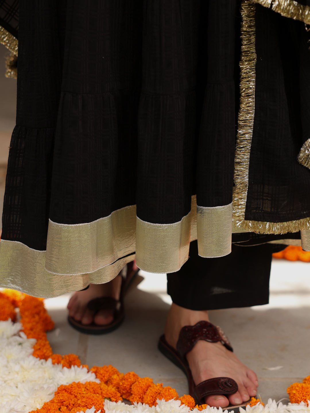 Women's Black Woven Cotton Tiered Kurta Set With Dupatta