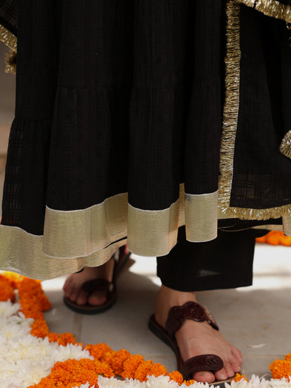 Women's Black Woven Cotton Tiered Kurta Set With Dupatta