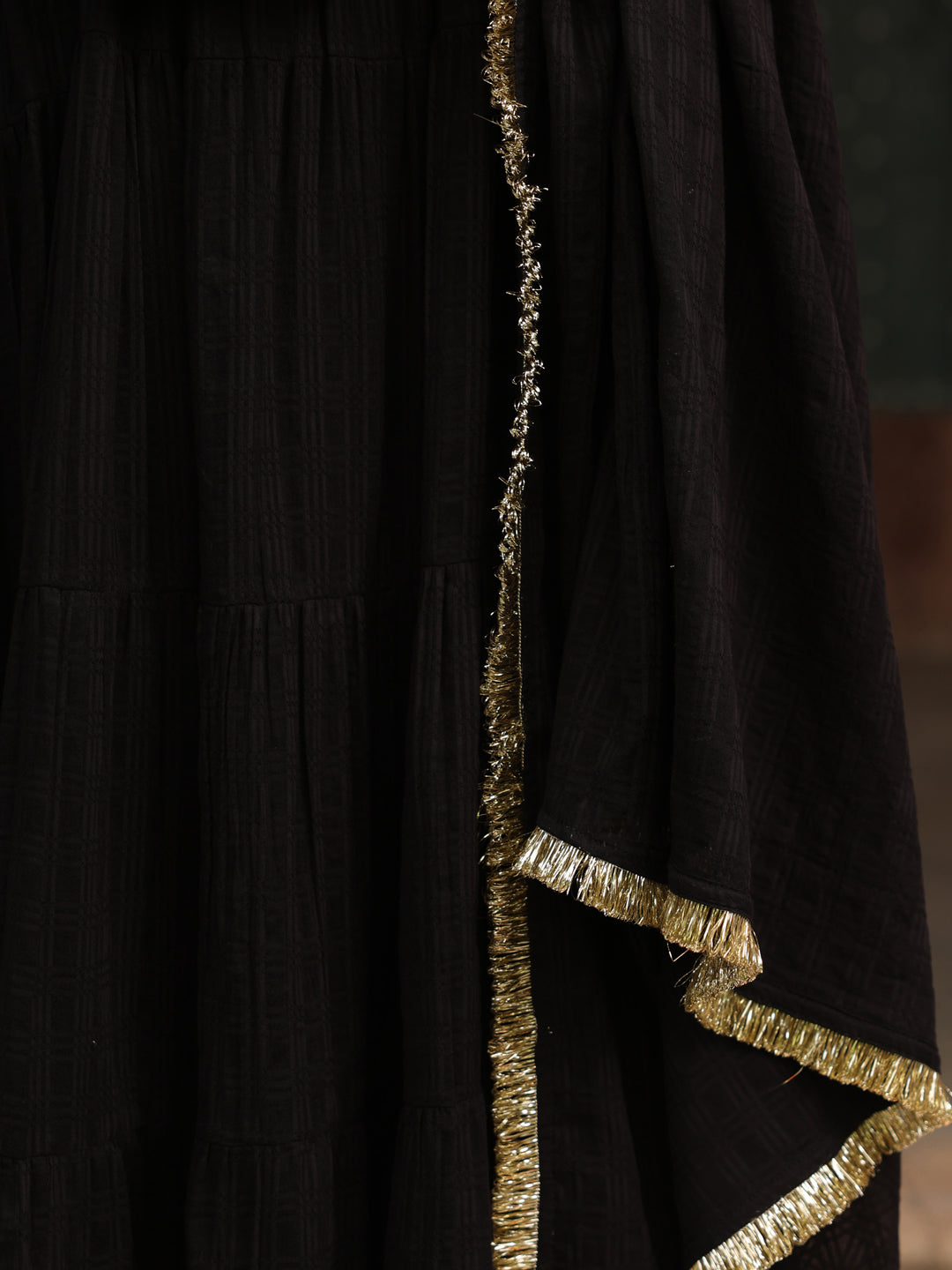 Women's Black Woven Cotton Tiered Kurta Set With Dupatta