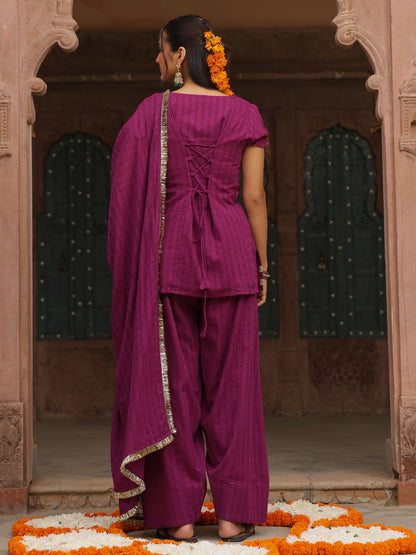 Women's Woven Cotton Purple Farshi Set with Dupatta