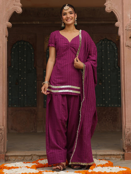 Women's Woven Cotton Purple Farshi Set with Dupatta