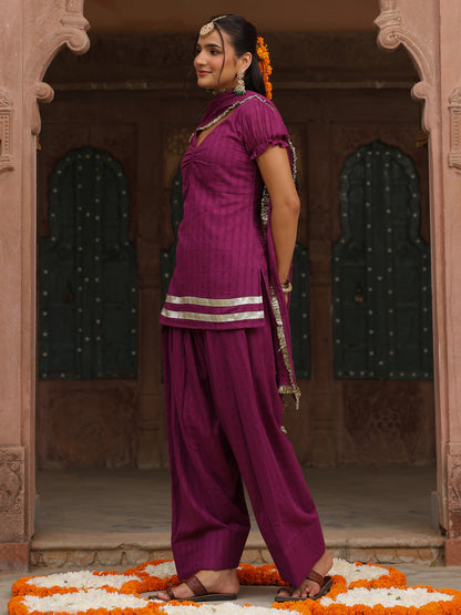 Women's Woven Cotton Purple Farshi Set with Dupatta