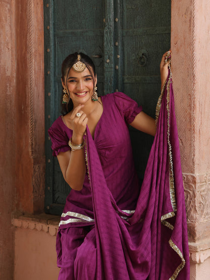Women's Woven Cotton Purple Farshi Set with Dupatta