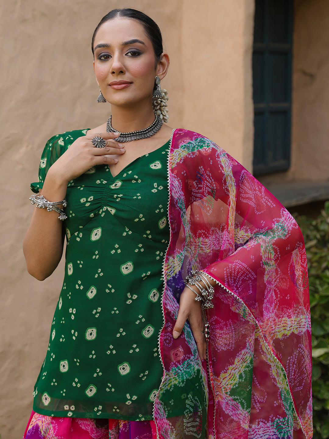 Women's Multicolour Bandhni Farshi Set