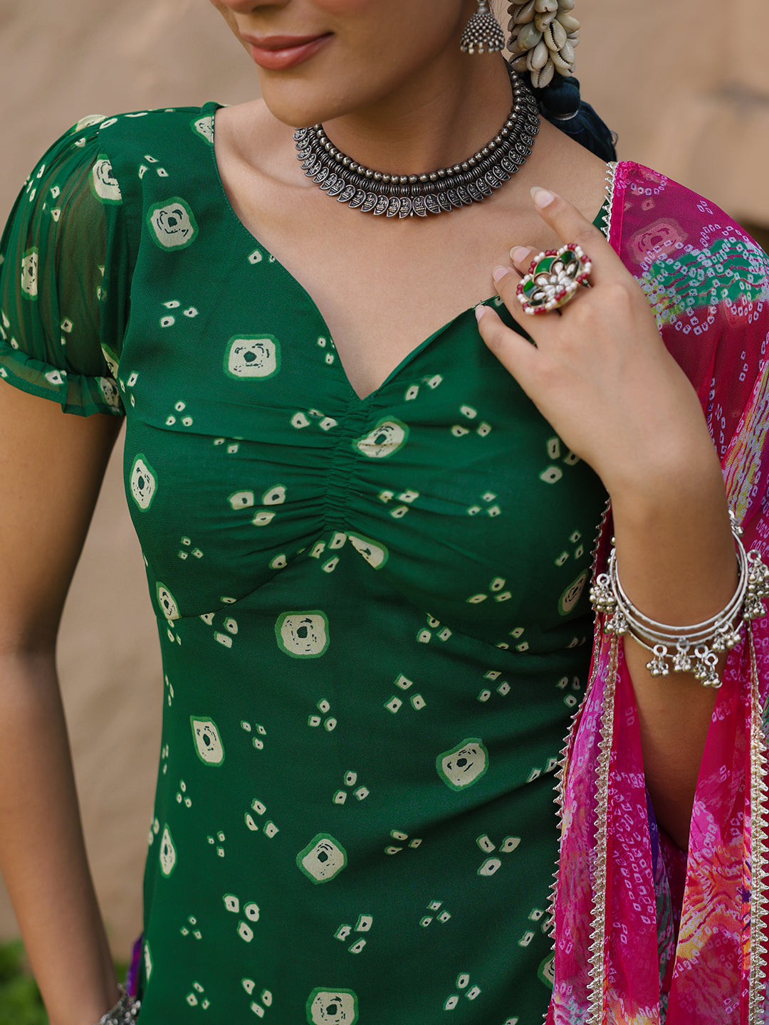 Women's Multicolour Bandhni Farshi Set