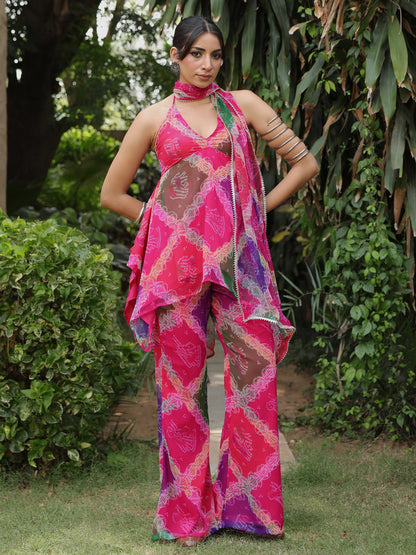 Women's Multicolour Bandhni Halter Kurta Set