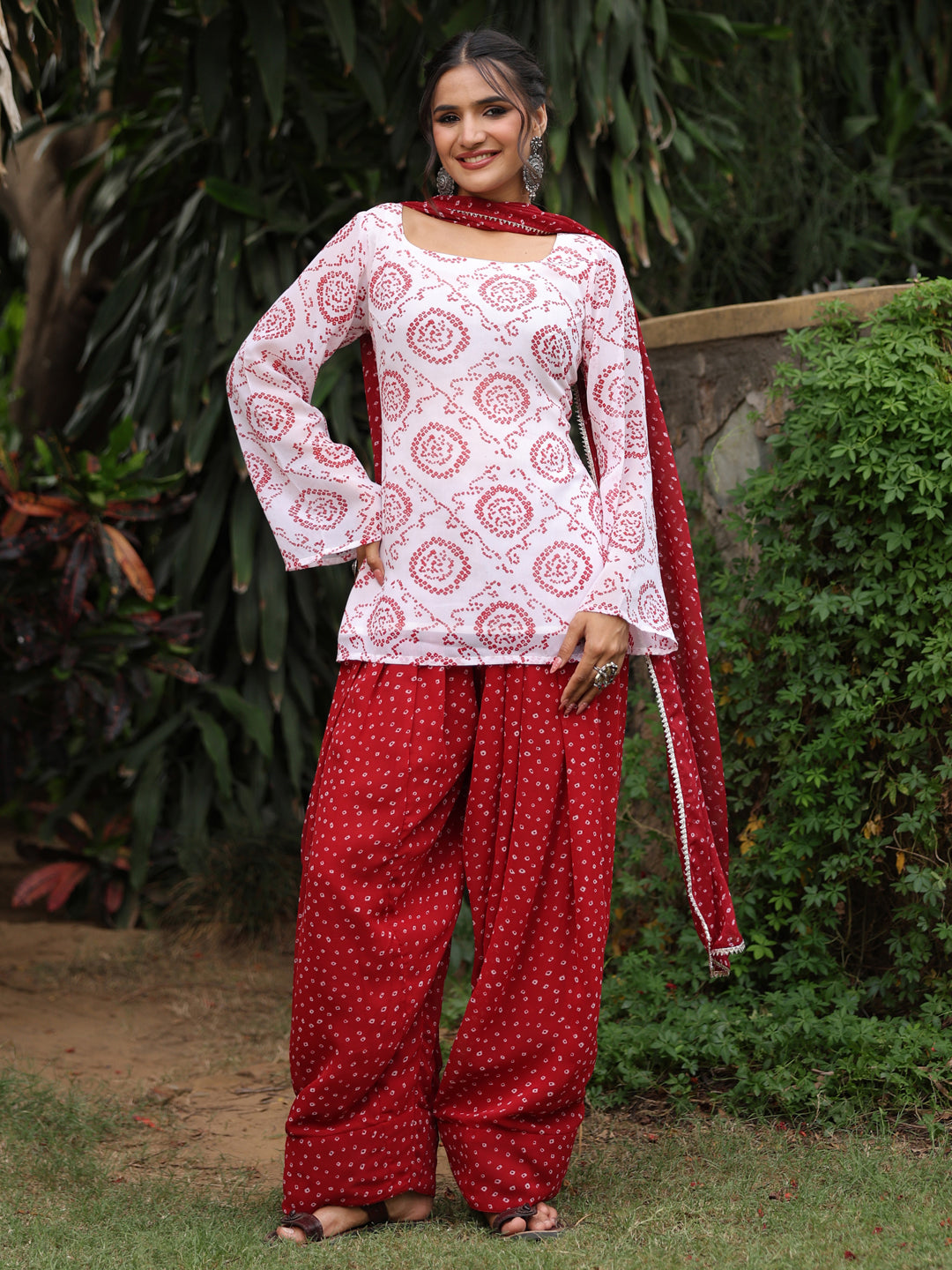 Women's Bandhni Short Kurti with Farshi Set