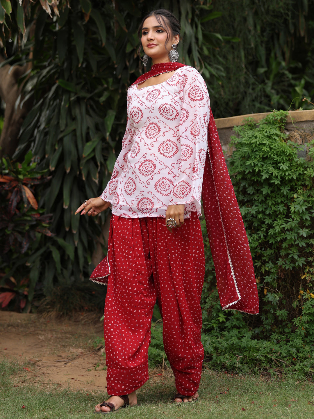 Women's Bandhni Short Kurti with Farshi Set
