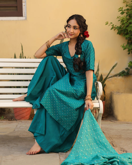 Women's Teal Zari Kurta Set with Dupatta