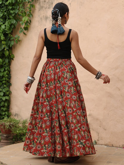 Women's Coloured Printed Long Skirt in Red