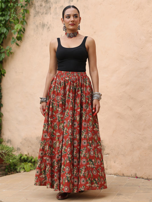 Women's Coloured Printed Long Skirt in Red