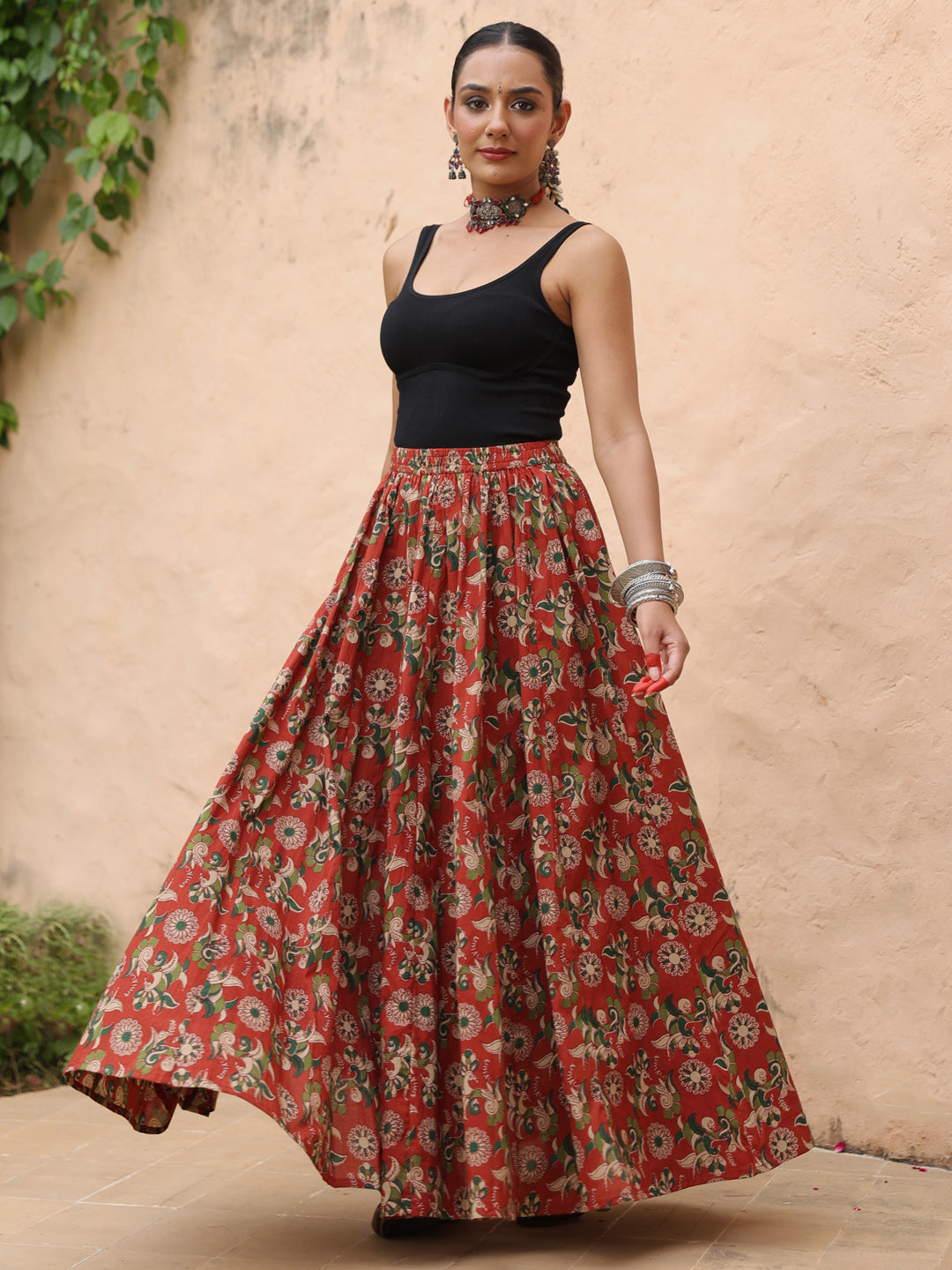 Women's Coloured Printed Long Skirt in Red