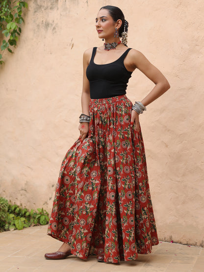 Women's Coloured Printed Long Skirt in Red