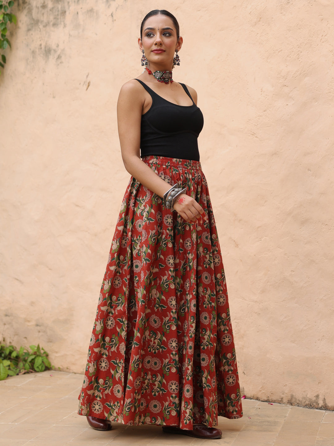 Women's Coloured Printed Long Skirt in Red