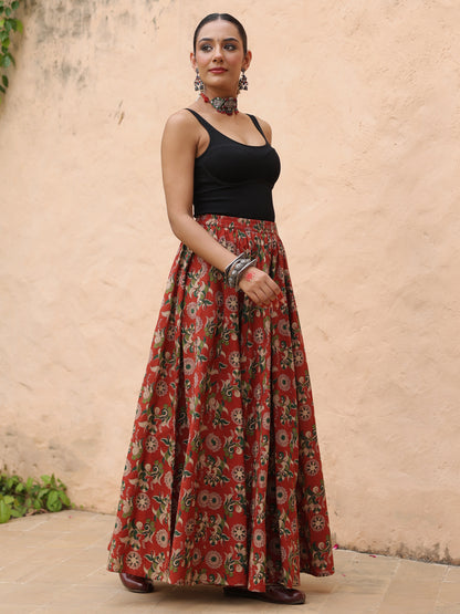 Women's Coloured Printed Long Skirt in Red