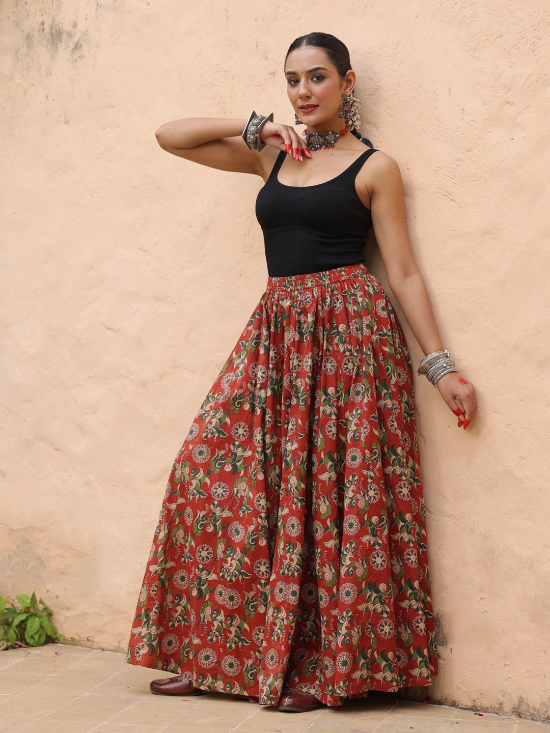 Women's Coloured Printed Long Skirt in Red