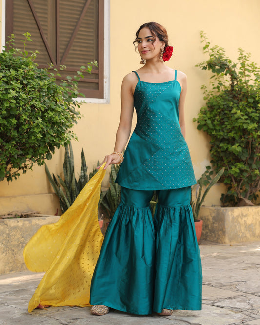 Women's Teal Zari Sharara Set with Dupatta