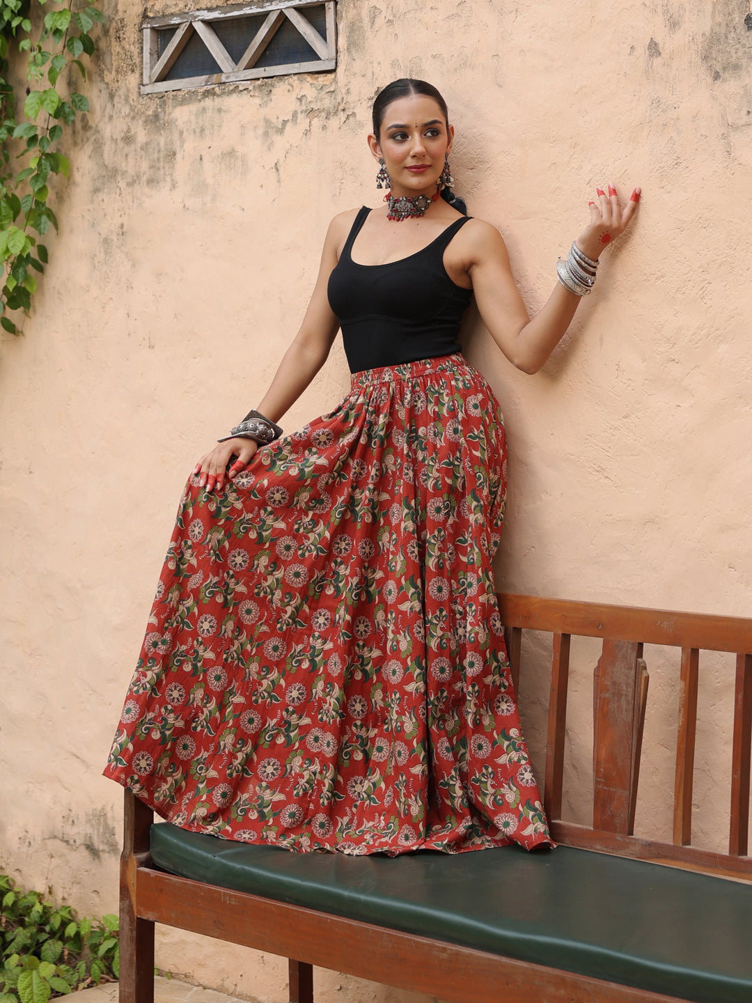 Women's Coloured Printed Long Skirt in Red