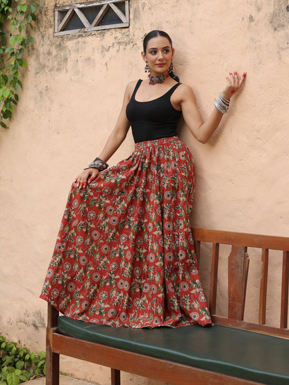 Women's Coloured Printed Long Skirt in Red