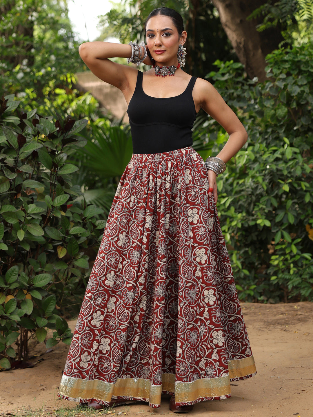Women's Coloured Printed Long Skirt Red