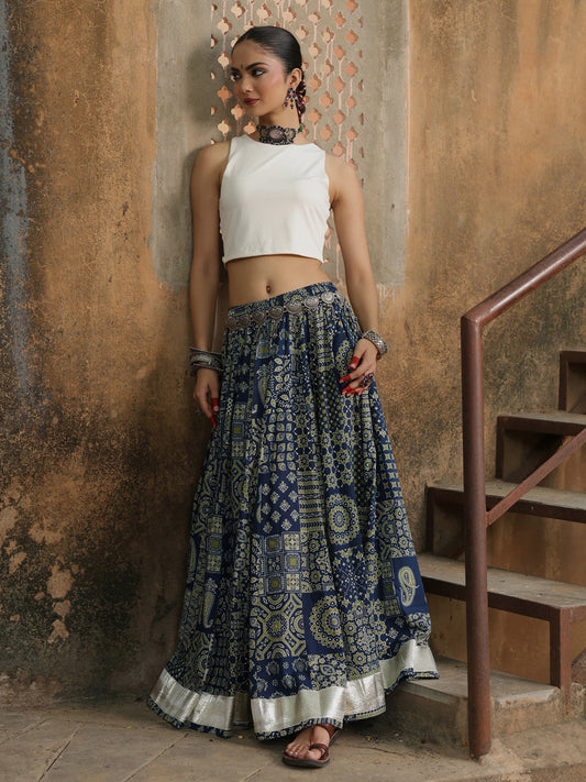 Women's Coloured Printed Long Skirt Blue