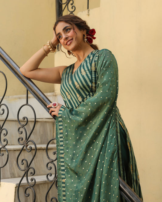 Women's Green Striped Kurta Set with Dupatta