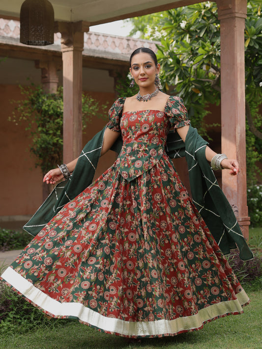 Women's Multi Kalamkari Printed Flared Skirt Set with Dupatta