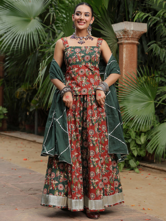 Women's Kalamkari Dual Coloured Sleeveless Skirt Set with Dupatta