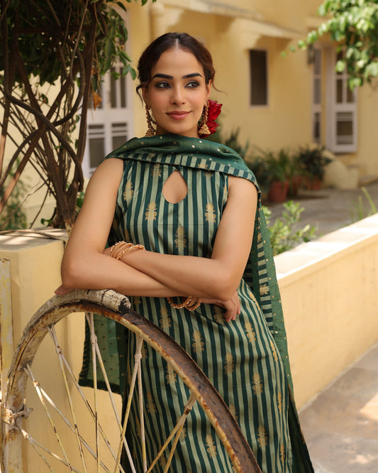 Women's Green Brocade Striped Kurta Set with Dupatta