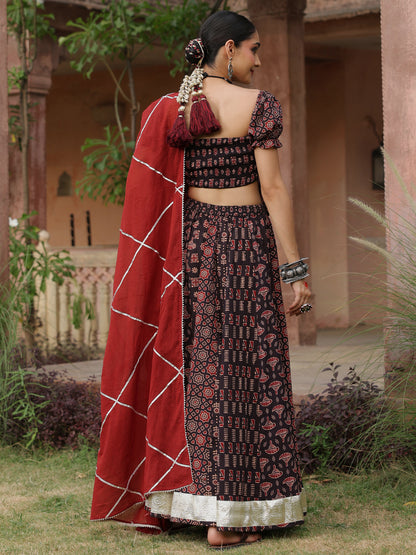 Women's Black Multi Printed Flared Skirt Set with Dupatta