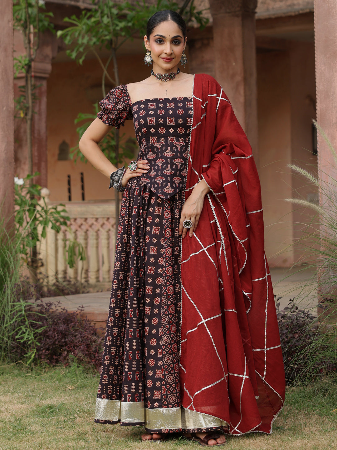 Women's Black Multi Printed Flared Skirt Set with Dupatta