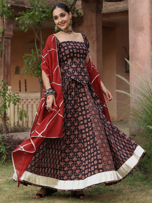Women's Black Multi Printed Flared Skirt Set with Dupatta