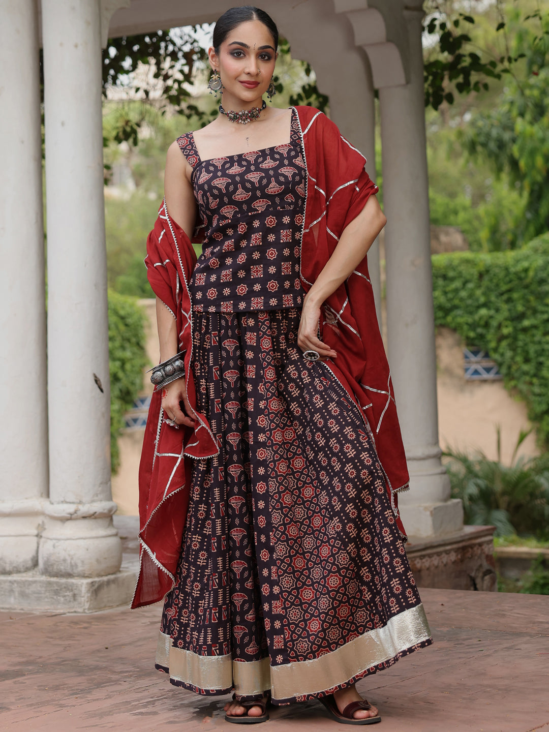 Women's Black Multi Printed Cotton Sleeveless Skirt Set With Dupatta