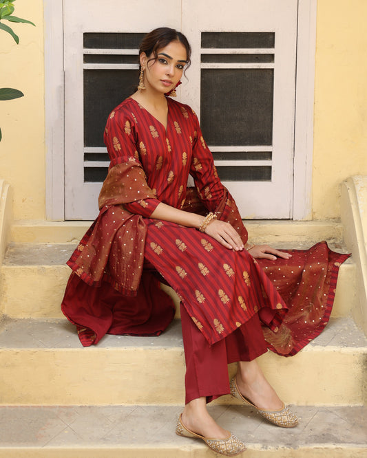 Women's Maroon Striped Kurta Set with Dupatta