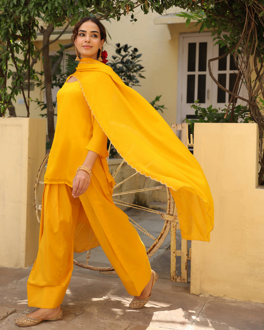 Women's Yellow Chiffon Farshi Set with Dupatta