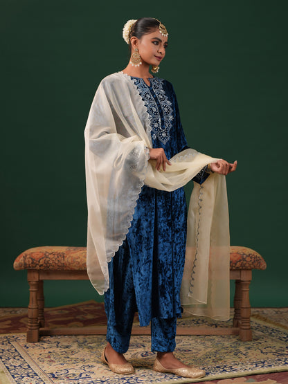 Women's Velvet Blue Embroiderd Kurta Set with Dupatta