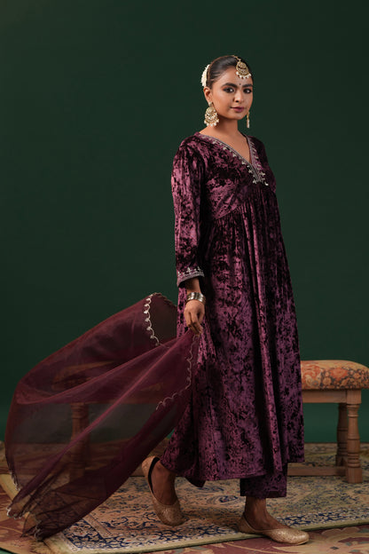 Women's Maroon Embroiderd Velvet Kurta Set with Dupatta