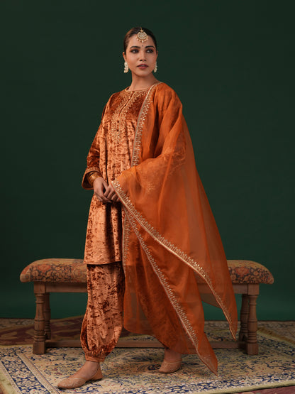 Women's Copper Embroiderd Velvet Kurta Set with Dupatta
