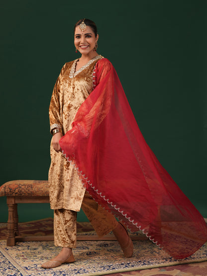 Women's Gold Embroiderd Velvet Kurta Set with Dupatta