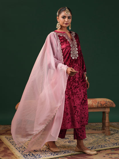 Women's Red Embroiderd Velvet Kurta Set with Dupatta