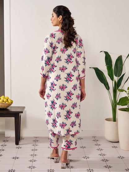 Women's Floral Balloon Sleeves Straight Kurta Set