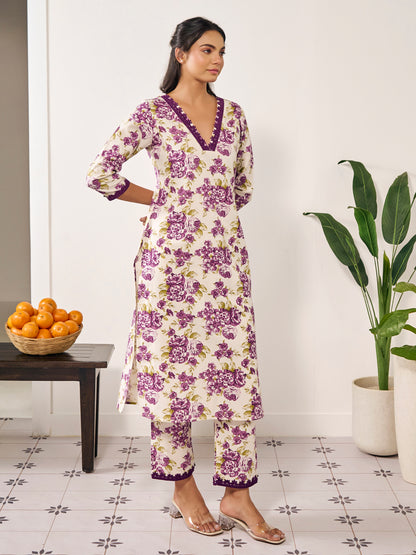 Women's Floral and Lace Straight Kurta Set