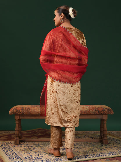 Women's Gold Embroiderd Velvet Kurta Set with Dupatta