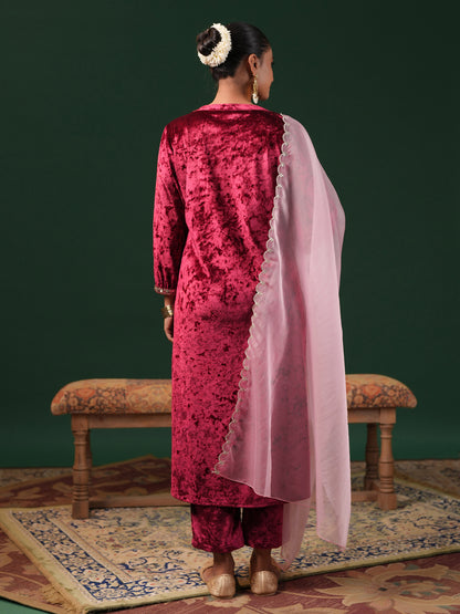 Women's Red Embroiderd Velvet Kurta Set with Dupatta