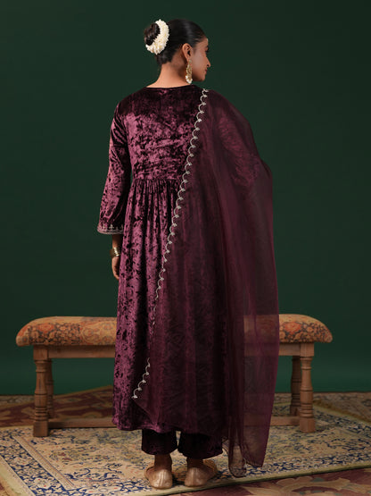 Women's Maroon Embroiderd Velvet Kurta Set with Dupatta