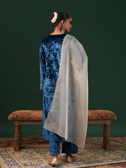 Women's Velvet Blue Embroiderd Kurta Set with Dupatta